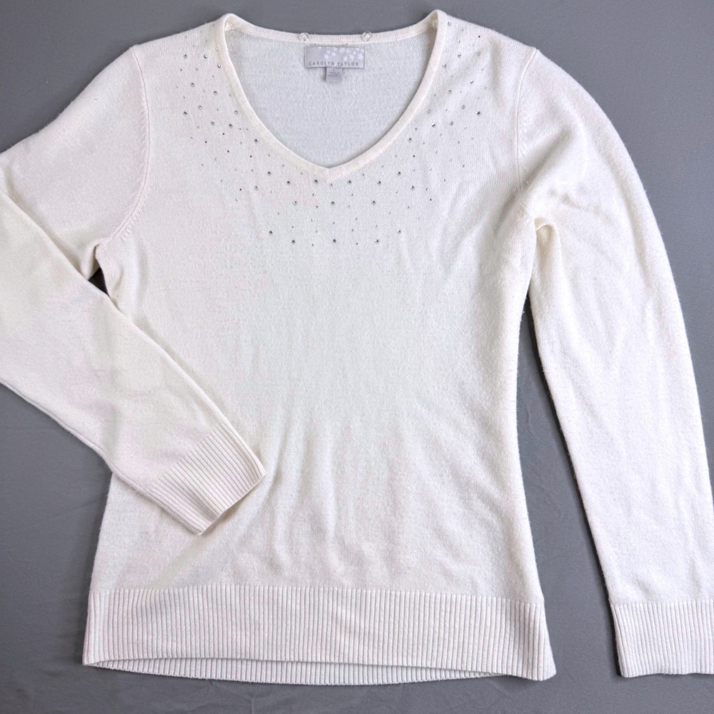 Carolyn Taylor Womens Off White Rhinestone Embellished V-Neck Sweater Large